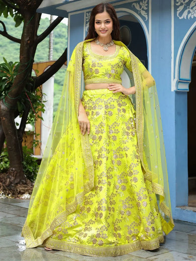 Incredible Neon Embroidery Silk Event Wear Lehenga Choli With Dupatta - Ethnic Plus In